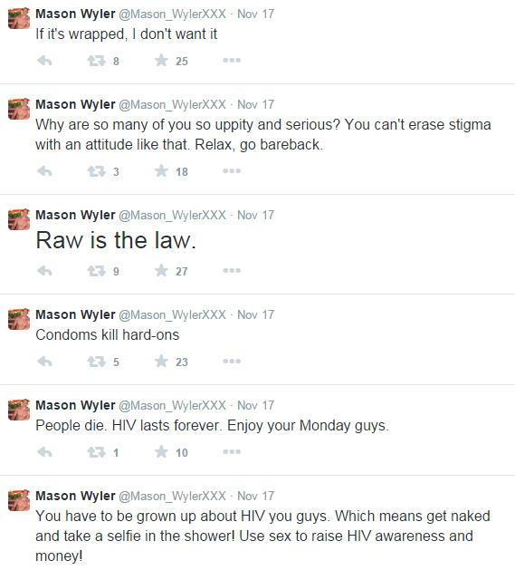 Mason Wyler tweets about bareback sex